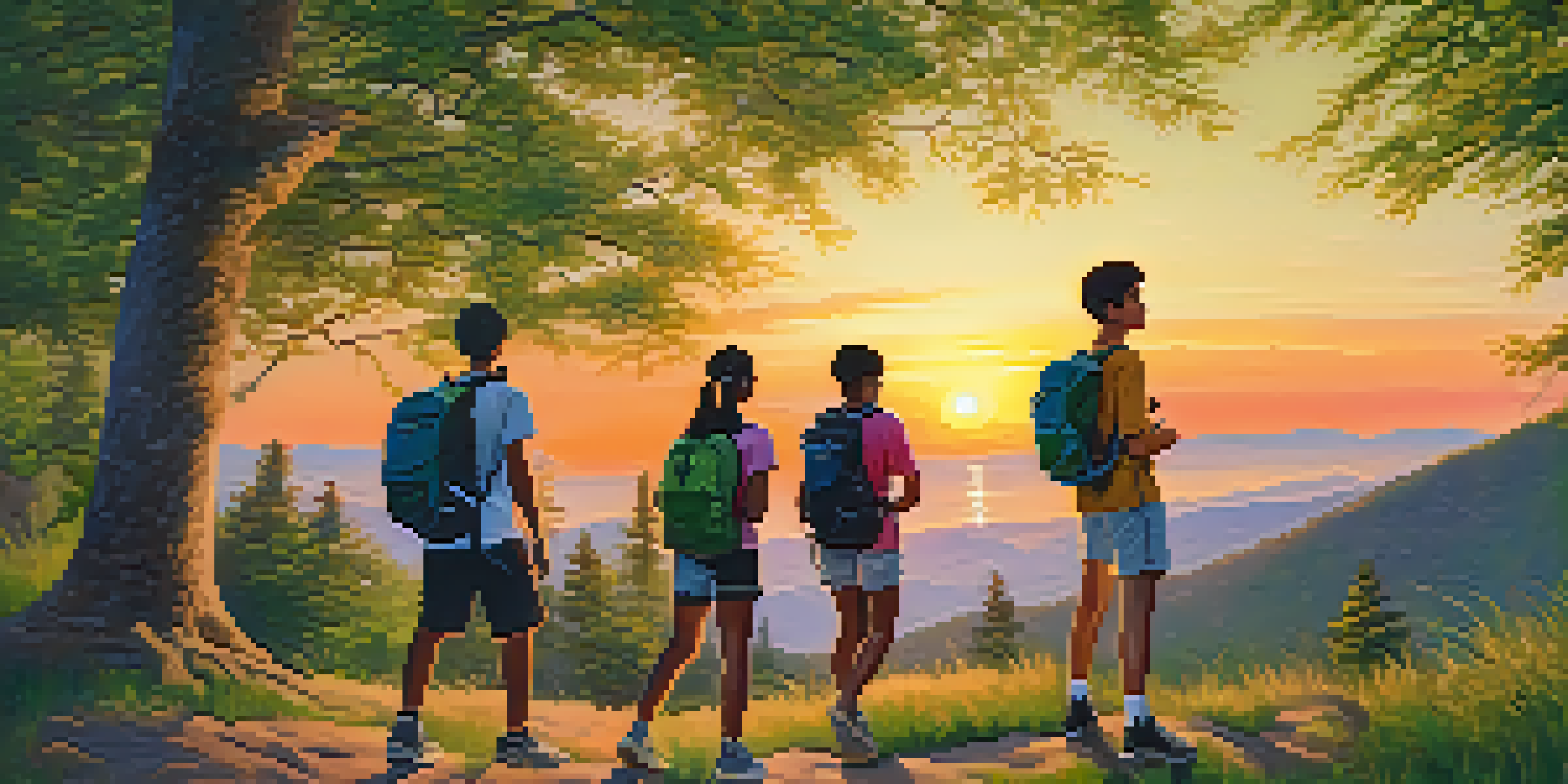 A group of diverse adolescents enjoying outdoor activities like hiking and sports during a vibrant sunset.