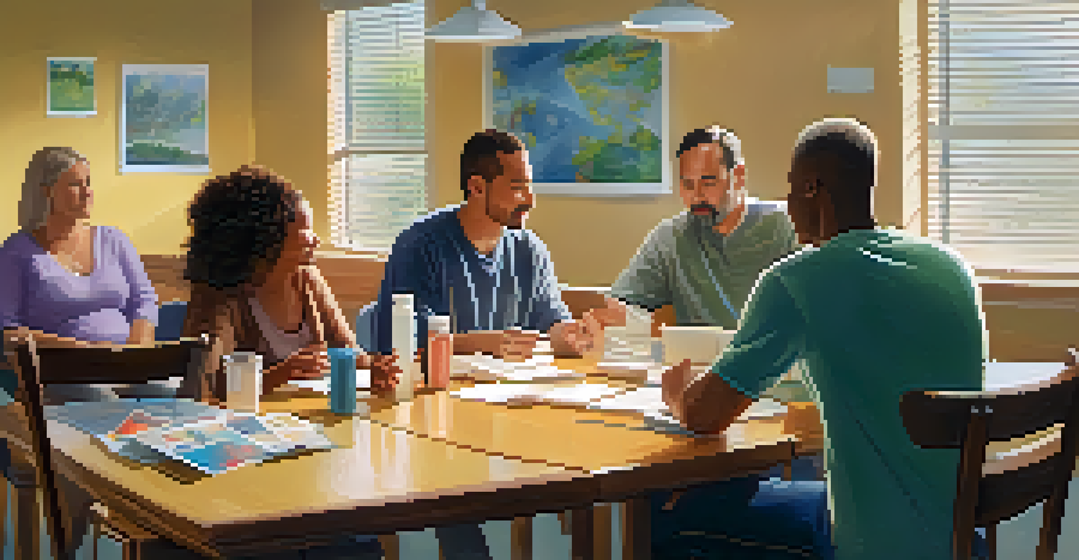 Family members gathered around a table in a community center, discussing addiction recovery with supportive materials.