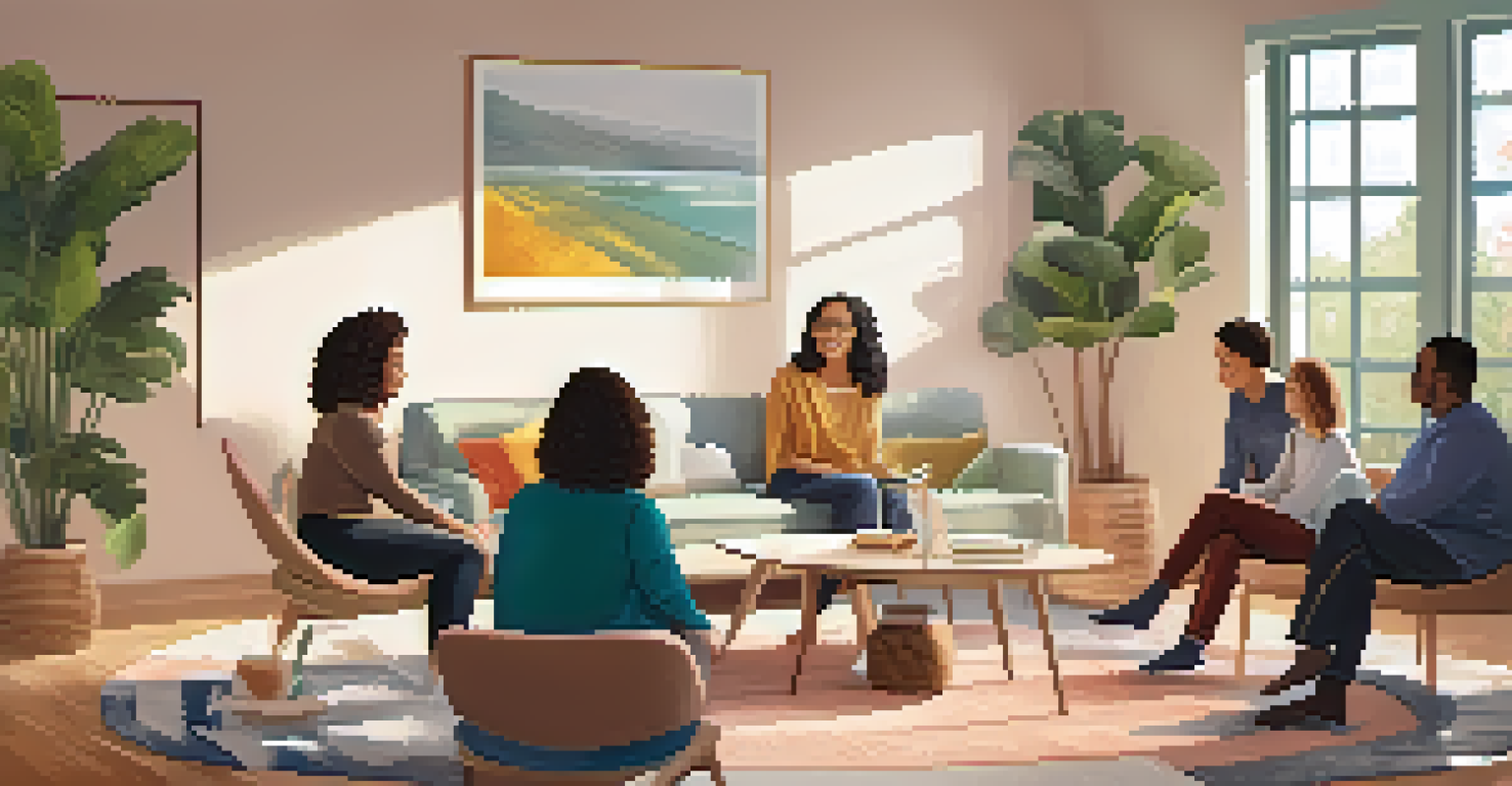 A family therapy session with a therapist and family members sitting in a circle, discussing feelings in a bright room.