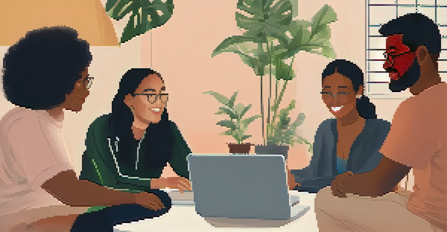 An online support group meeting displayed on a laptop, featuring diverse individuals sharing recovery stories in a softly lit room with a plant.