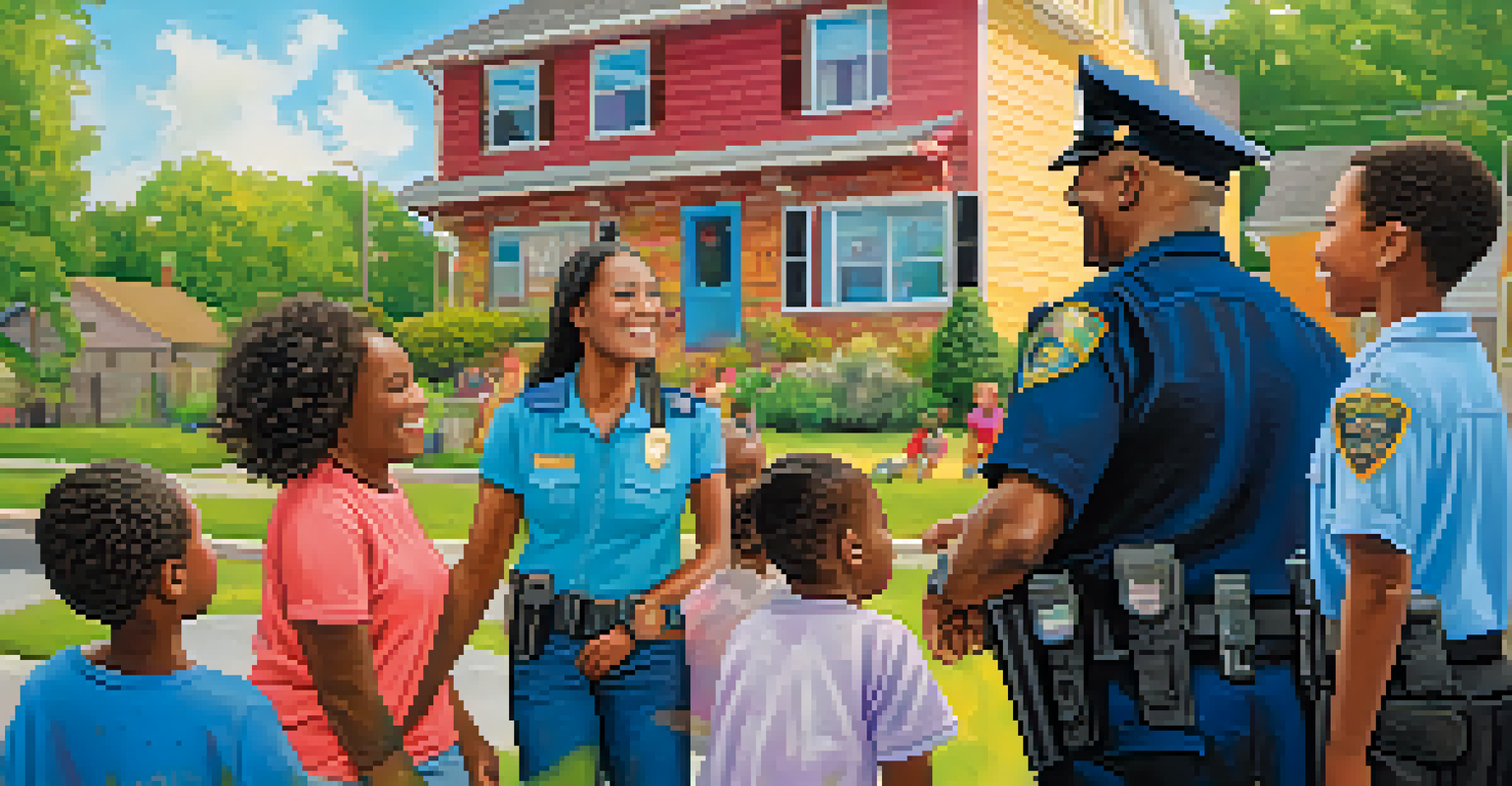 A friendly police officer interacting with community members, including children, in a colorful neighborhood, promoting trust and engagement.