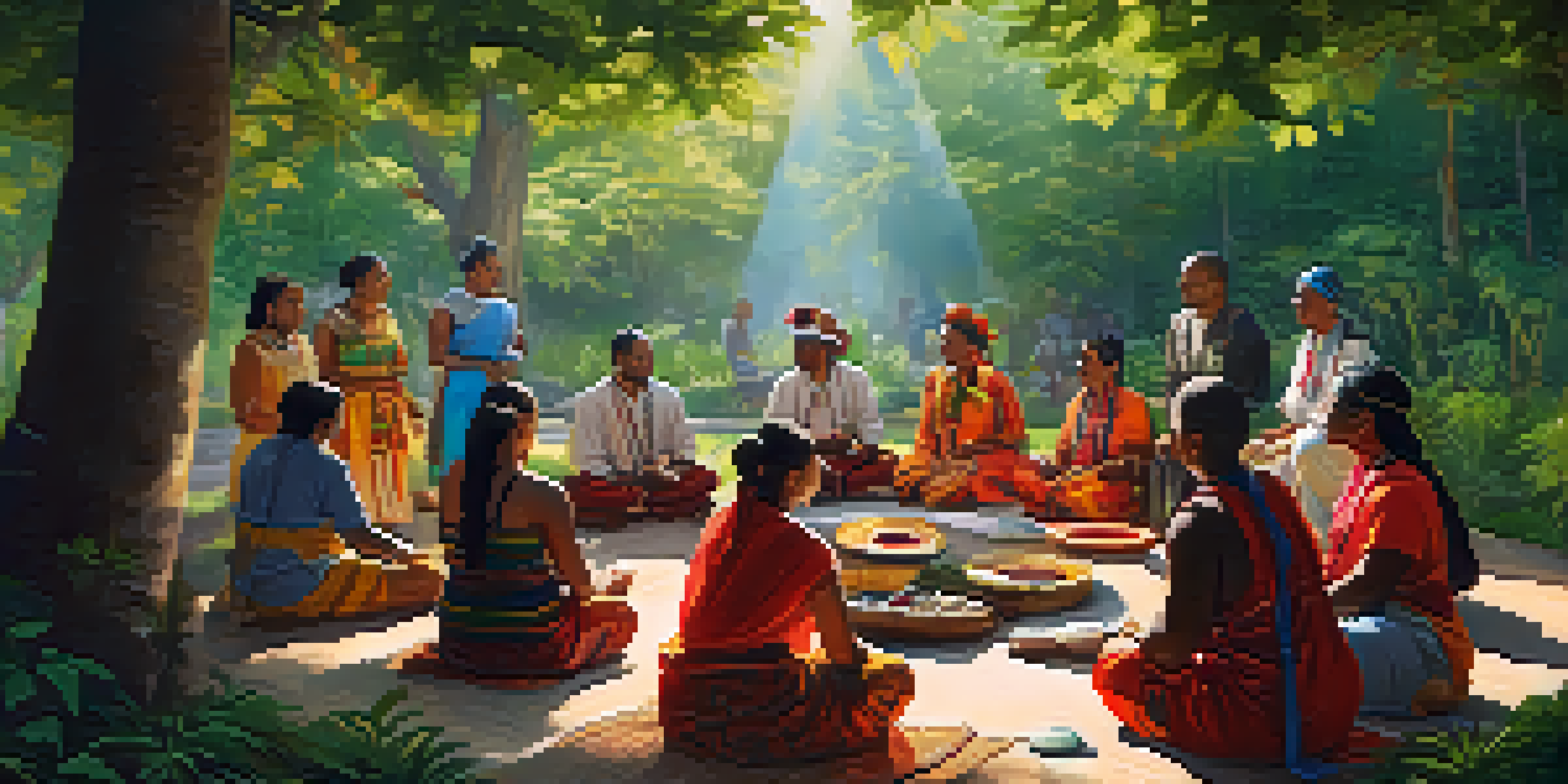 A diverse group of individuals participating in a traditional healing ceremony in a serene outdoor setting, surrounded by greenery and cultural artifacts.