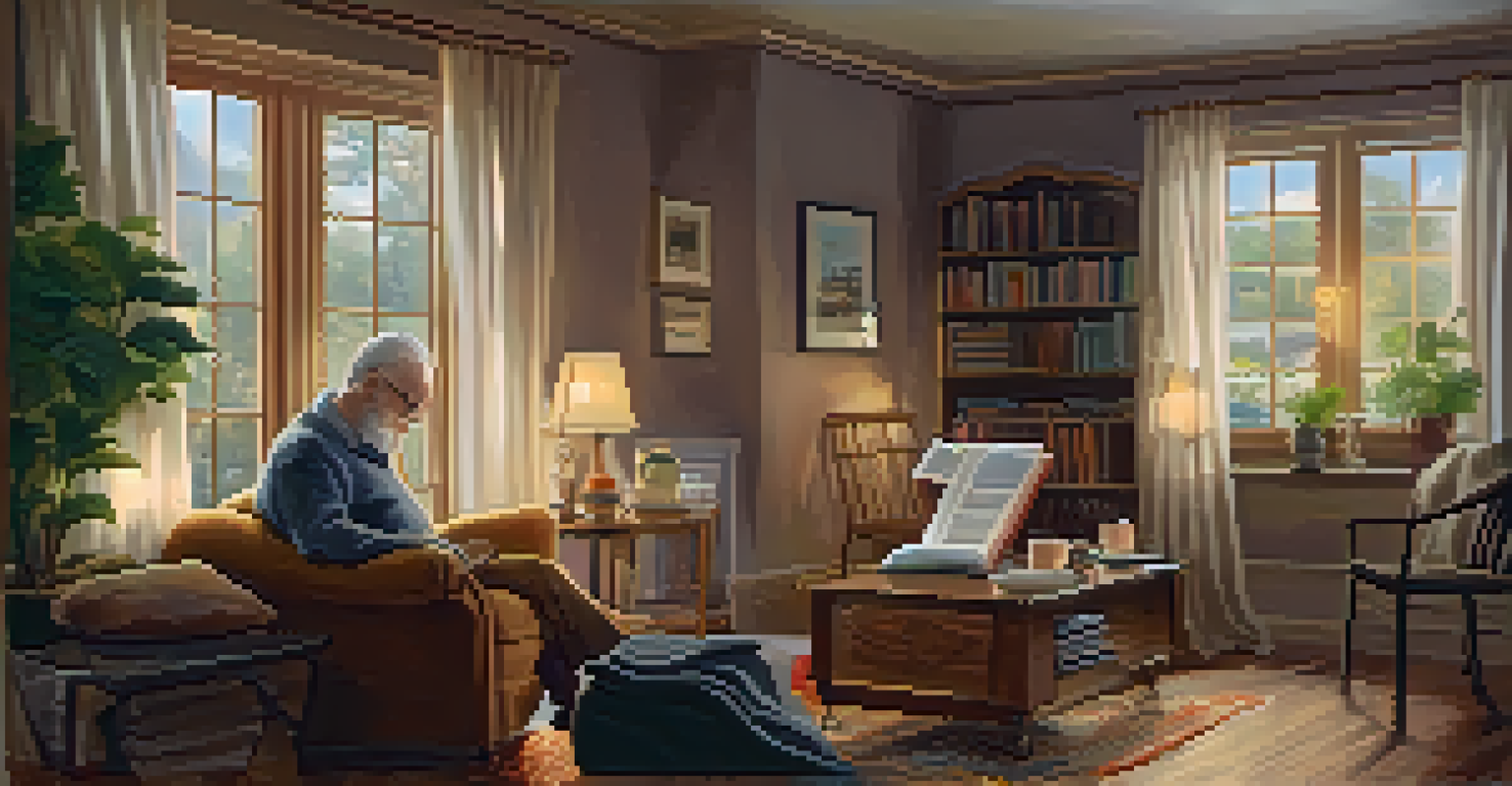 An elderly man reading a book in a warm, inviting living room filled with family photos and a cup of tea.