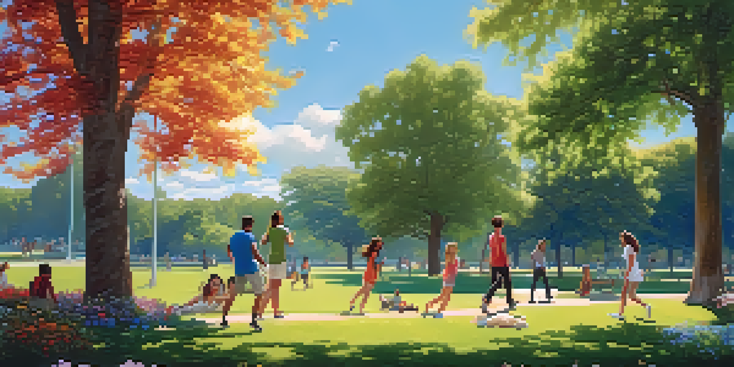 A group of diverse friends playing frisbee in a sunny park, surrounded by flowers and trees under a bright blue sky.