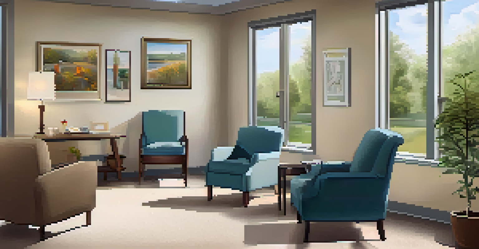 A tranquil therapy room designed for trauma-informed care, with comfortable seating and natural light, showing a supportive conversation.