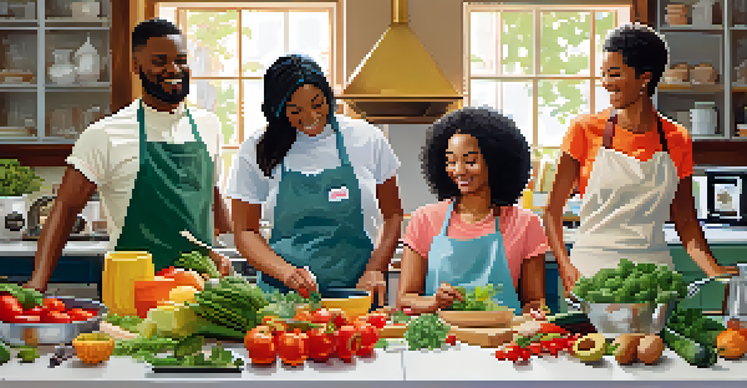 A diverse group of people cooking together in a warm kitchen, surrounded by fresh ingredients.