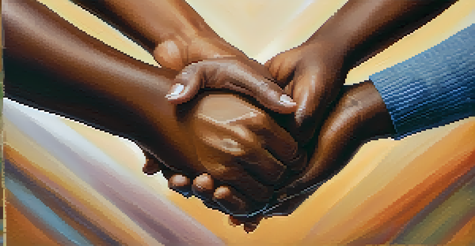 Close-up of diverse hands joining together in a supportive gesture, symbolizing unity and accountability.