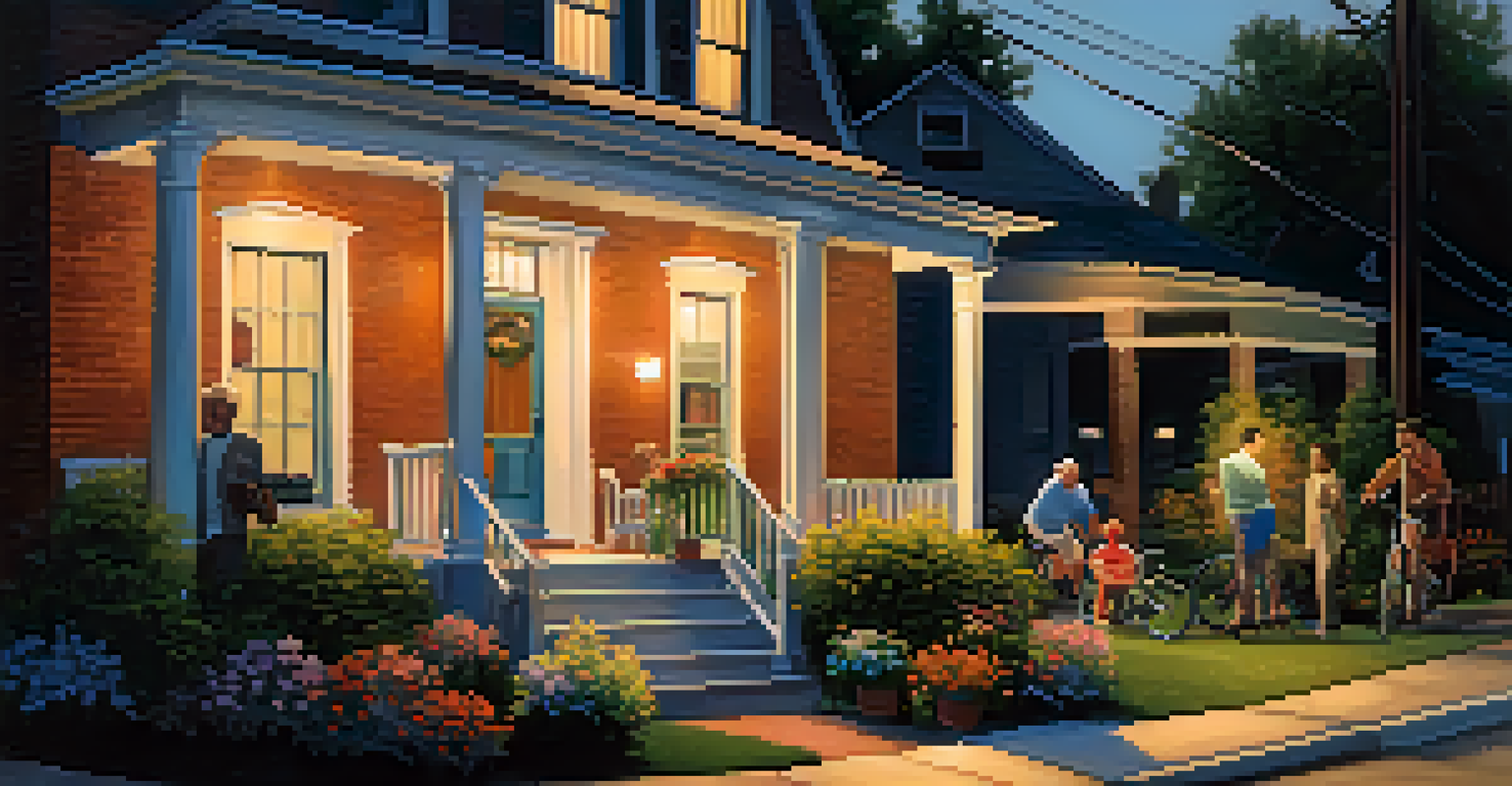 A cozy neighborhood street at dusk, with neighbors chatting on a porch, surrounded by well-kept homes and gardens, illuminated by streetlights.
