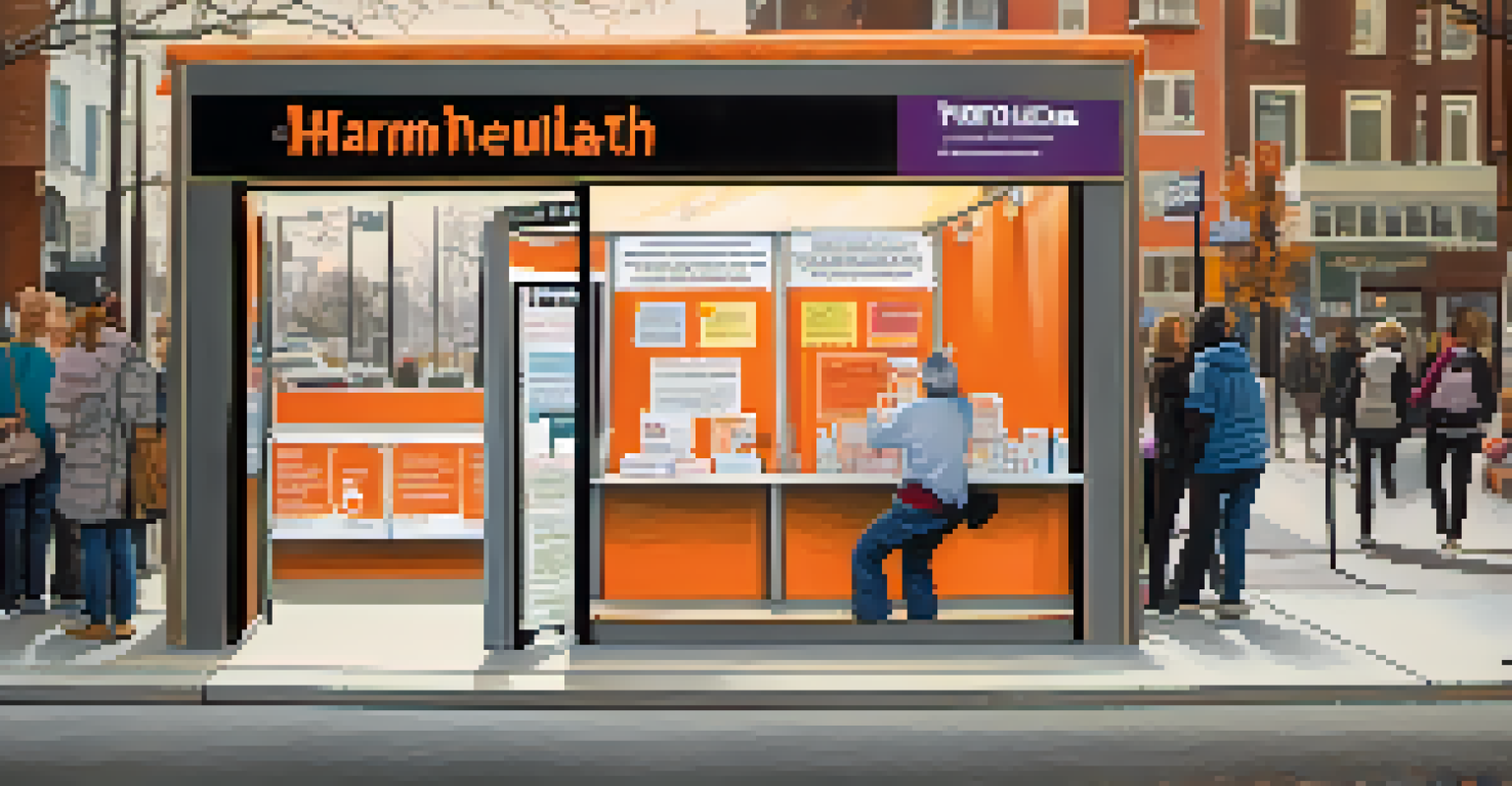 A needle exchange program booth with a volunteer handing out clean needles and pamphlets.