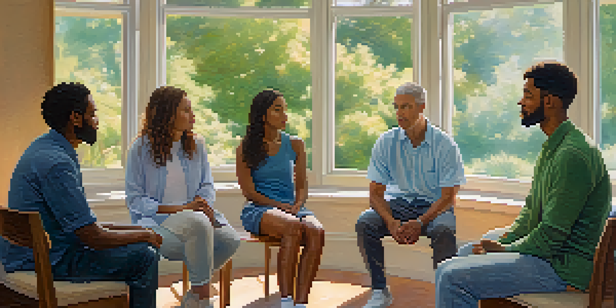 A diverse group of individuals in a warm, inviting room, sitting in a circle and engaging in supportive conversation.