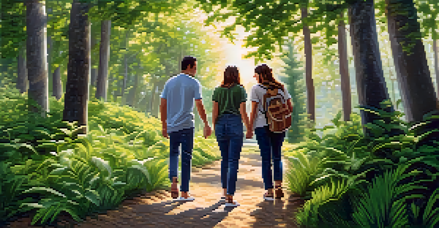 A group of friends walking together in nature, smiling and sharing stories, surrounded by green trees and sunlight.