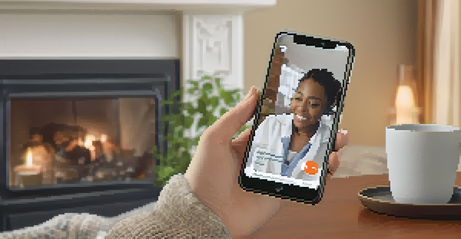 A person holding a smartphone with a telehealth app open, in a cozy living space with a cup of tea nearby.