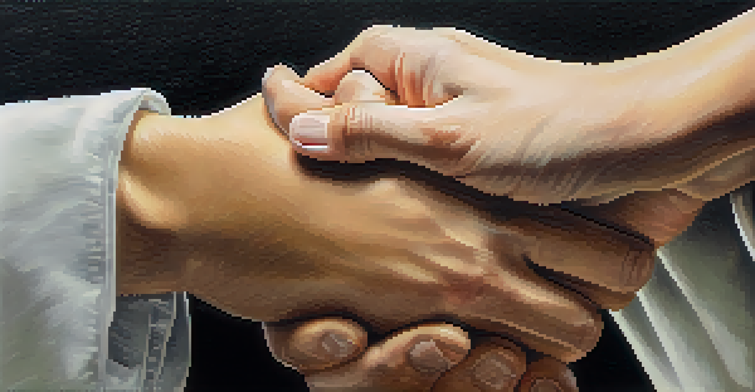 Close-up of two hands clasped together, symbolizing support and solidarity between individuals.