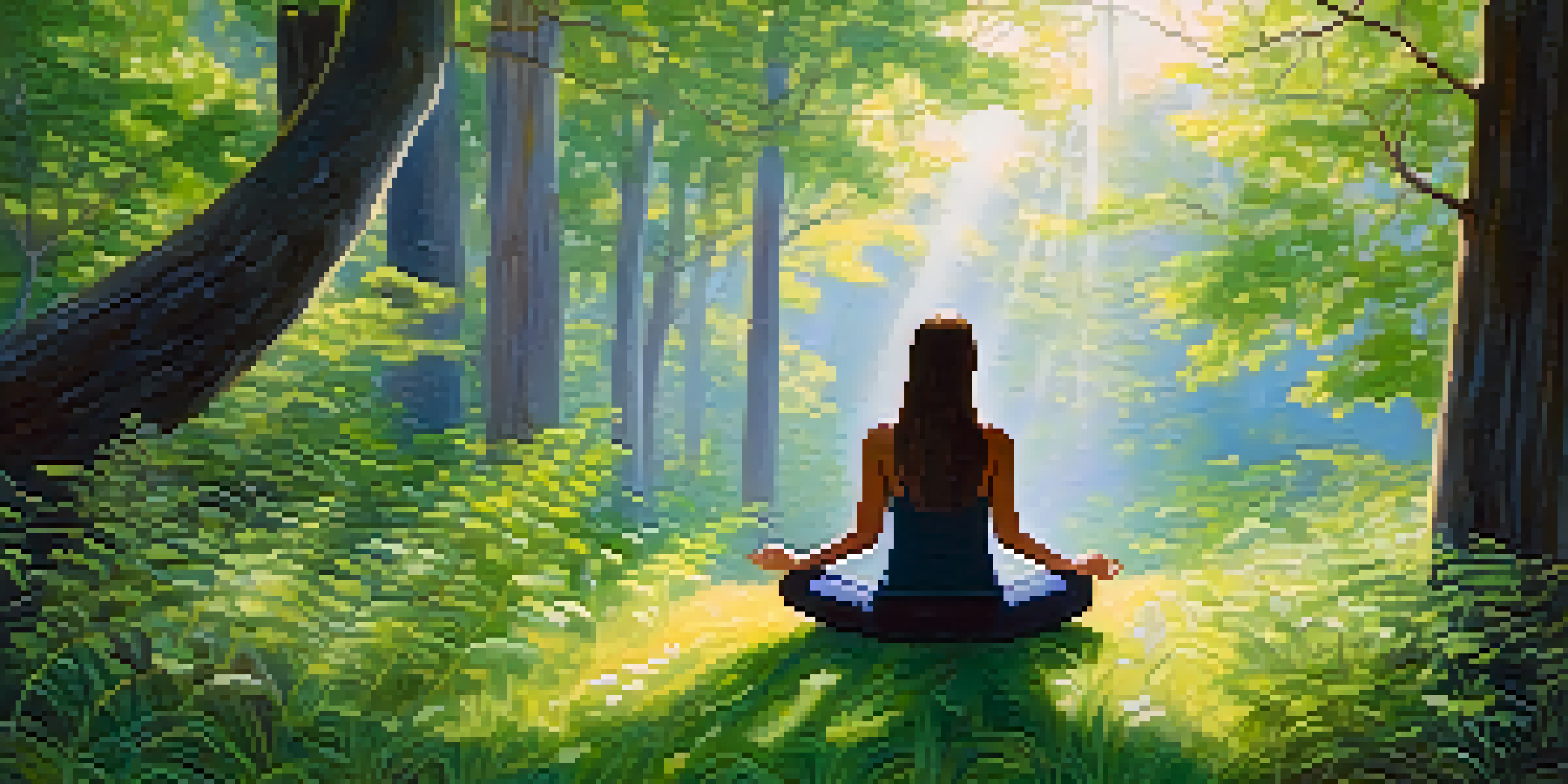 A person meditating in a peaceful forest, sunlight filtering through the trees, surrounded by greenery and wildflowers.