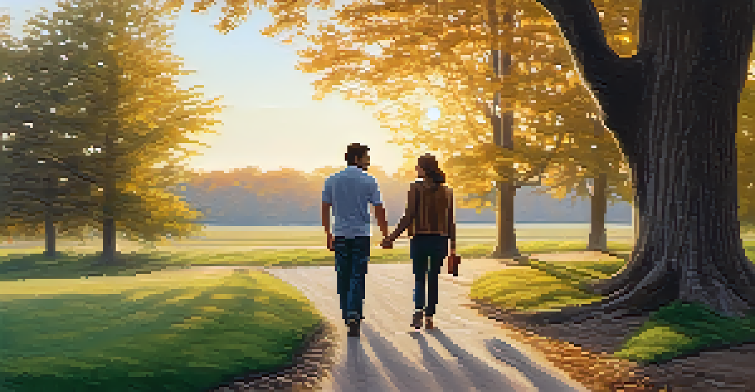 A couple walking hand in hand on a path surrounded by trees during sunset.