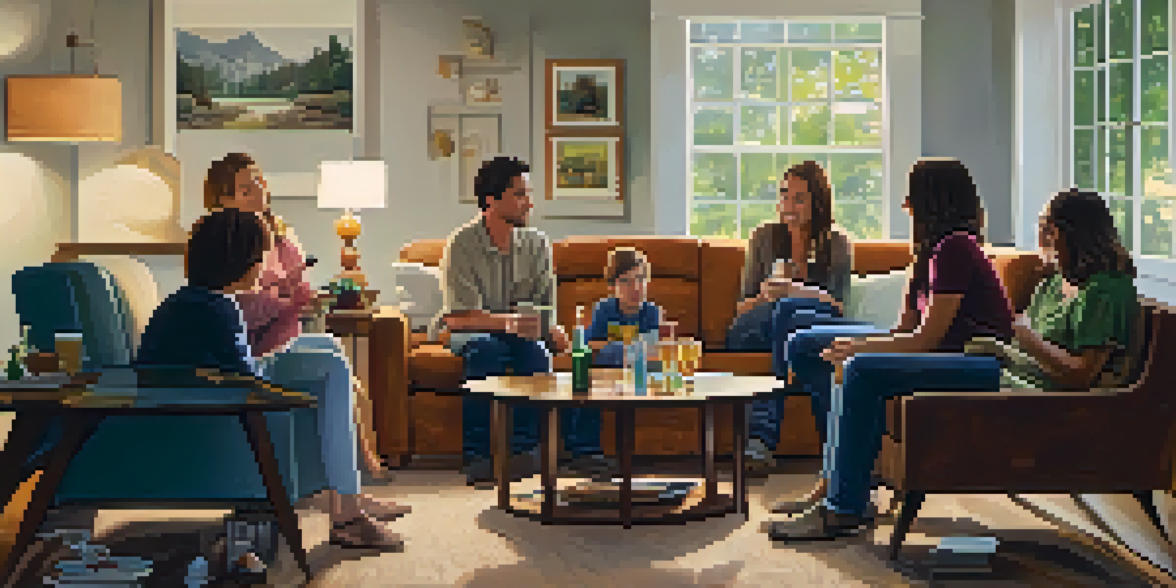 A family sitting together in a warm living room, discussing responsible drinking with their teenage children.