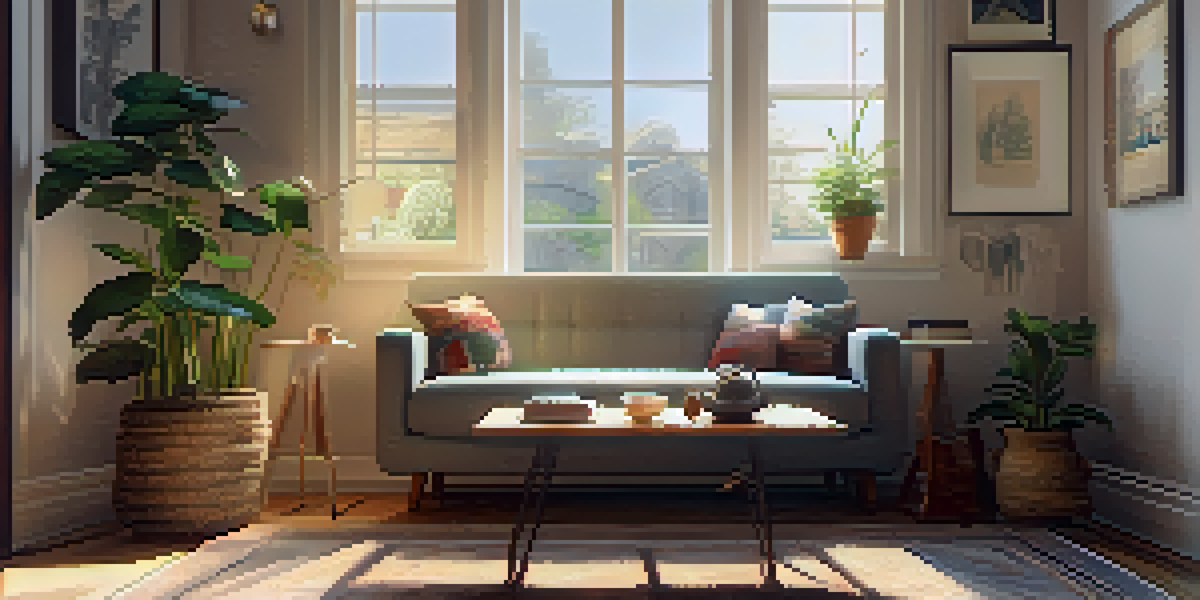 A cozy living room filled with warm light, featuring a sofa, a coffee table with a mug and a book, and a plant by the window.
