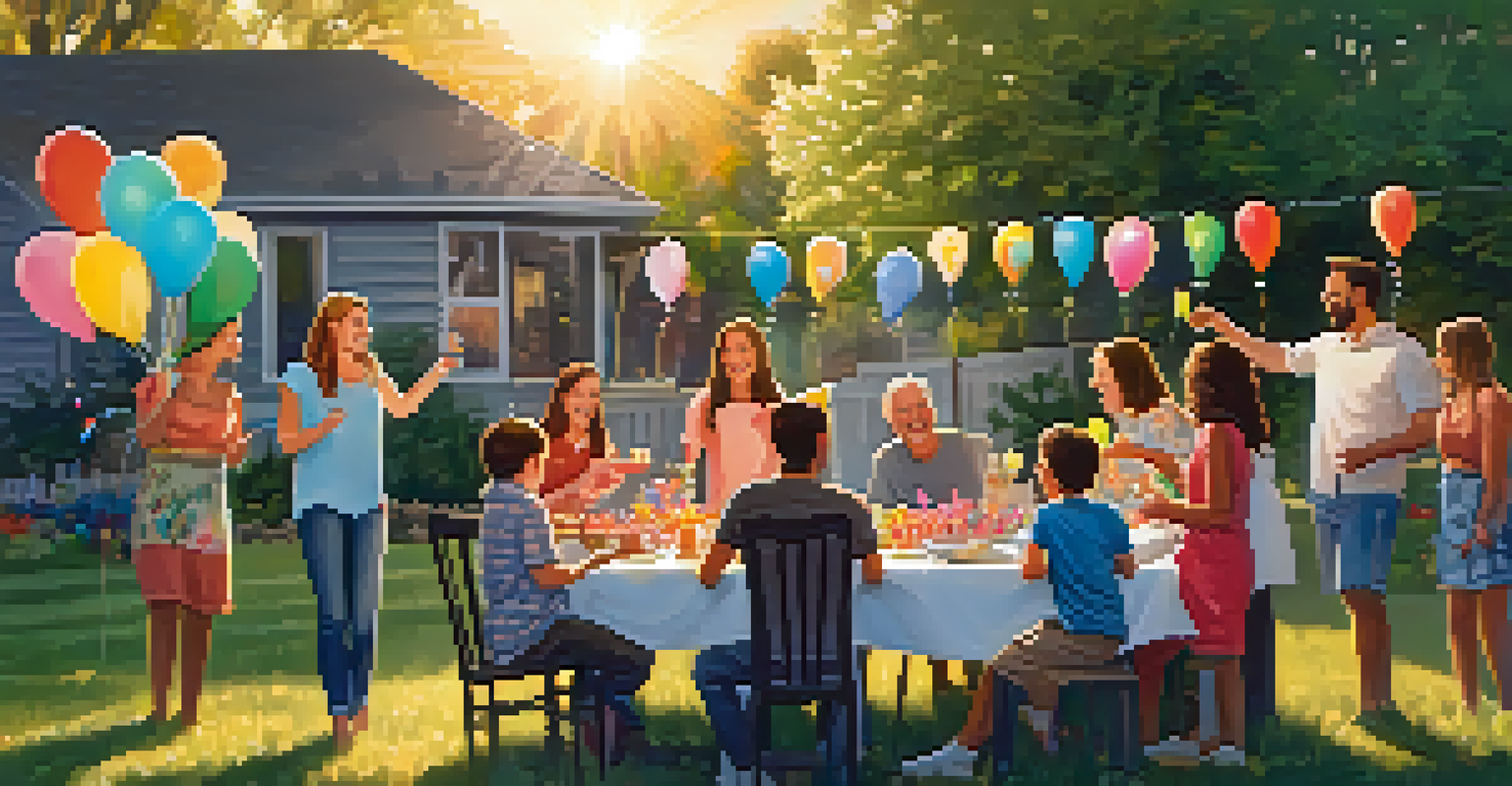 A family celebrating a recovery milestone in their backyard with balloons and a cake, surrounded by happiness.