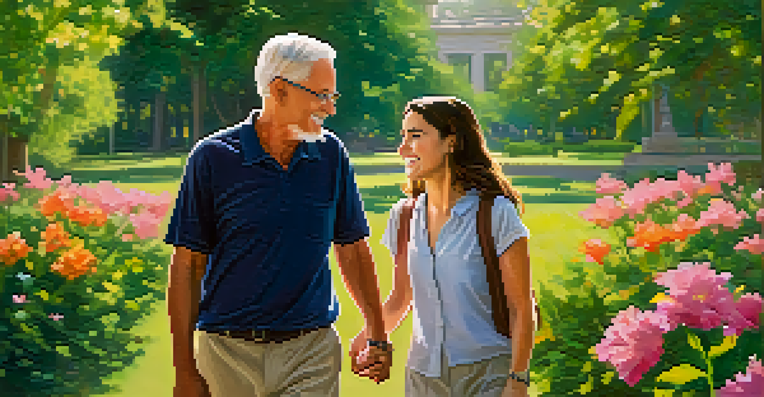 A mentor and mentee walking together in a park, engaged in conversation, surrounded by lush greenery and vibrant flowers.