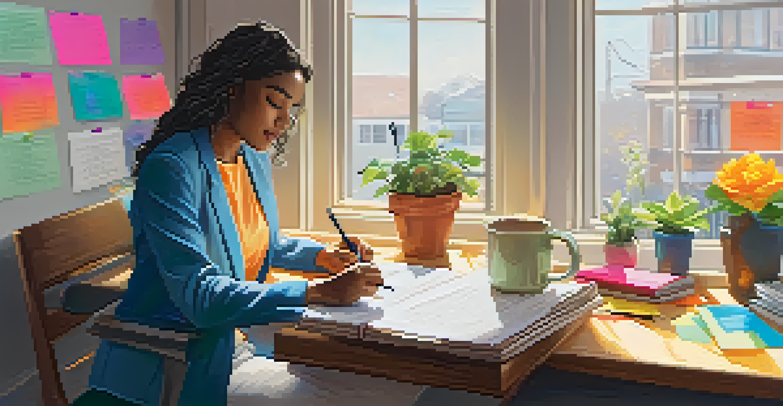 A person writing in a planner at a bright workspace filled with plants and motivational quotes.
