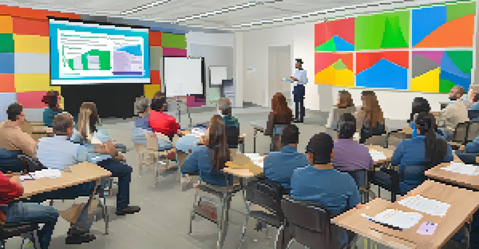 Employees participating in a training session focused on addiction awareness, with a projector screen and colorful charts in a bright room.