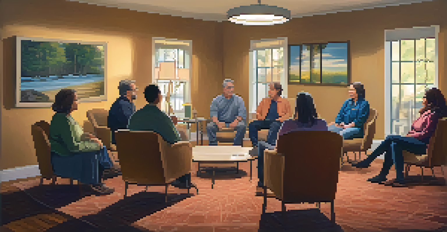 A cozy room with a circle of chairs for a support group, featuring inspirational quotes on the walls and people in discussion.