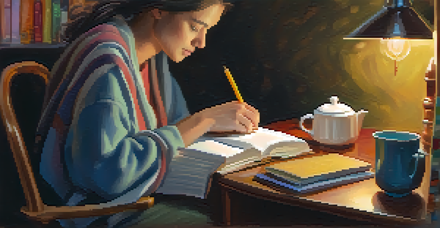A person journaling in a cozy nook with warm lighting and colorful journals, representing self-reflection.