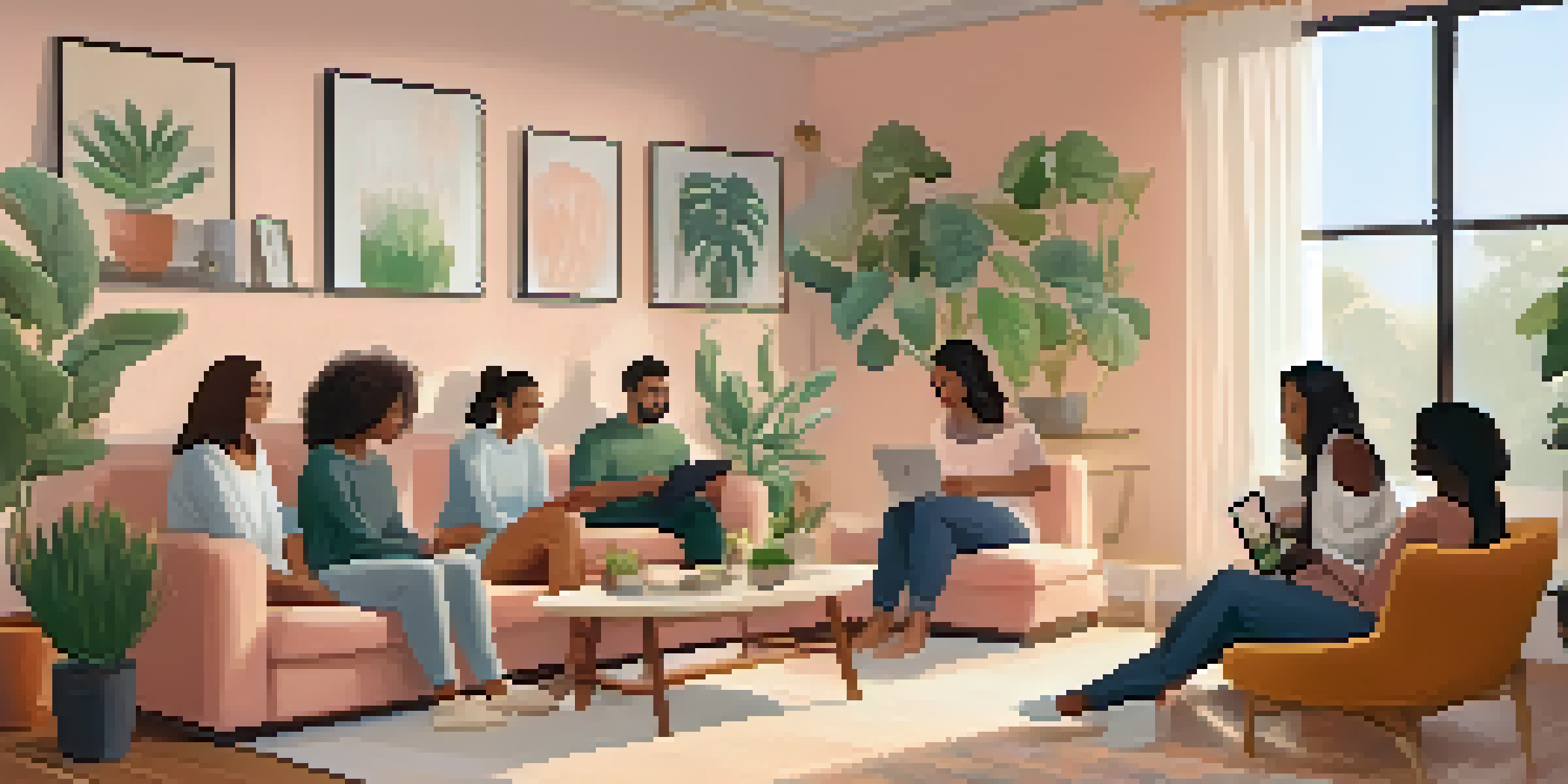 A peaceful online support group with diverse participants in a virtual meeting, set in cozy home environments.