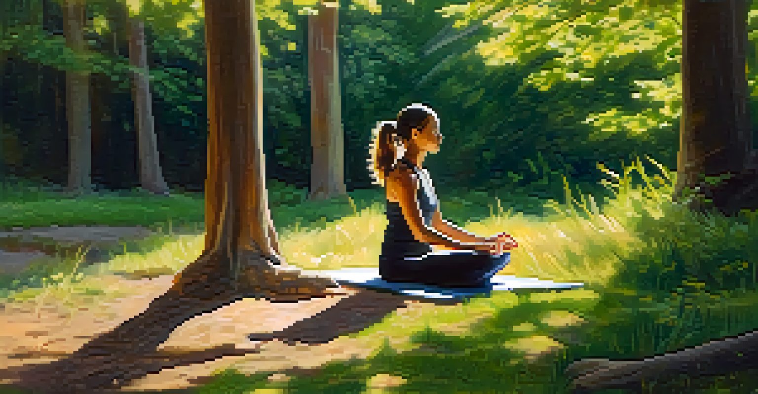 A person meditating on a yoga mat in a peaceful outdoor setting with sunlight filtering through trees.