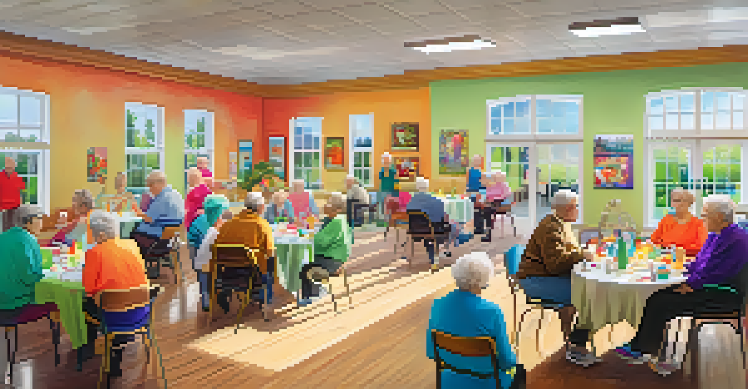 Seniors engaged in various activities at a community center, including fitness and art workshops, highlighting social interaction.
