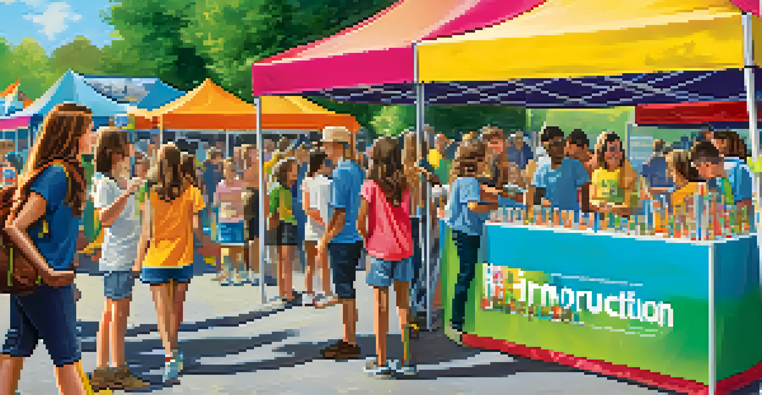 A community event with a colorful booth for youth addiction prevention, including games and volunteers engaging with young people.