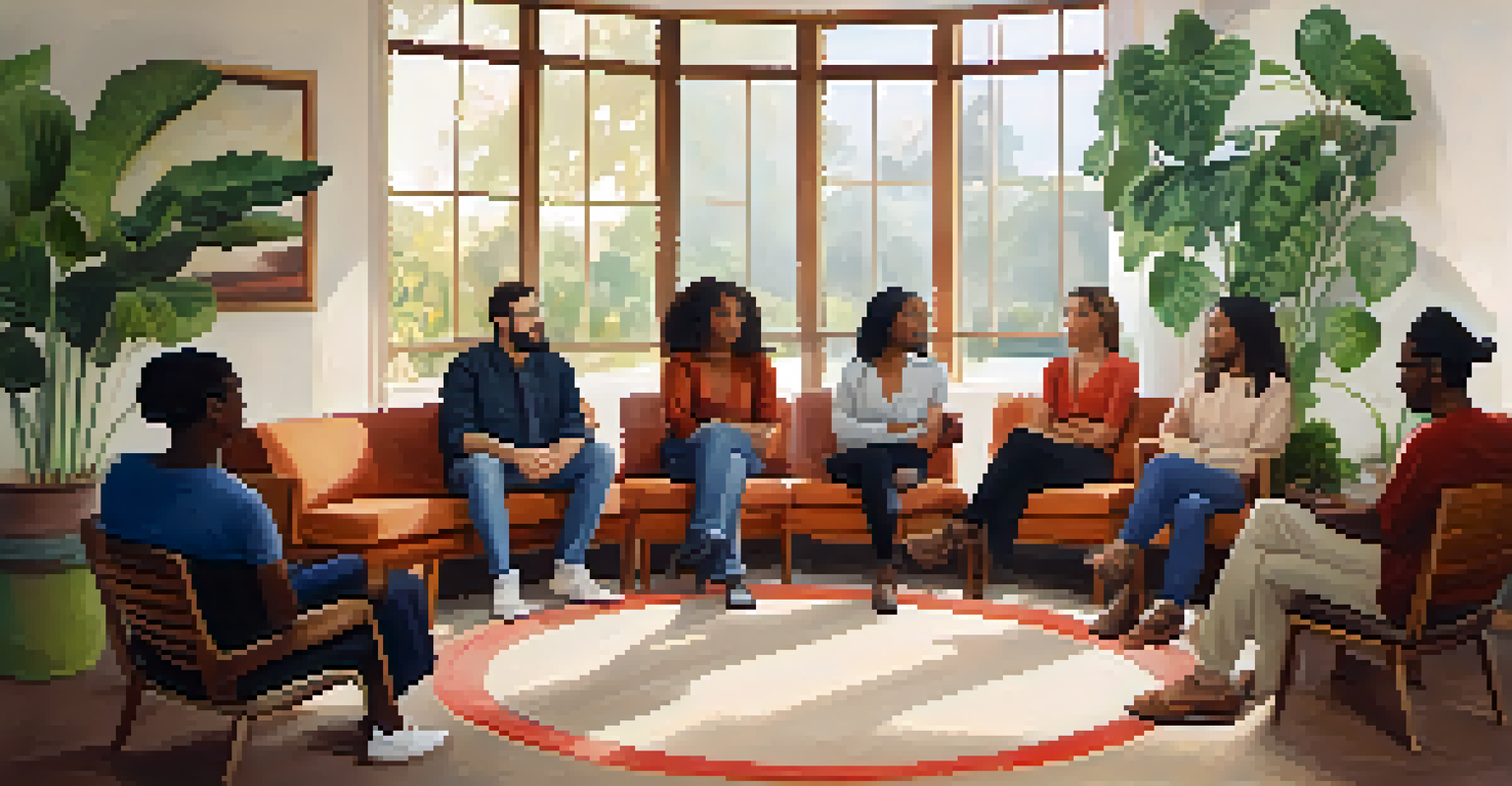 A diverse group of individuals sitting in a circle in a warmly lit room, sharing stories and supporting each other.