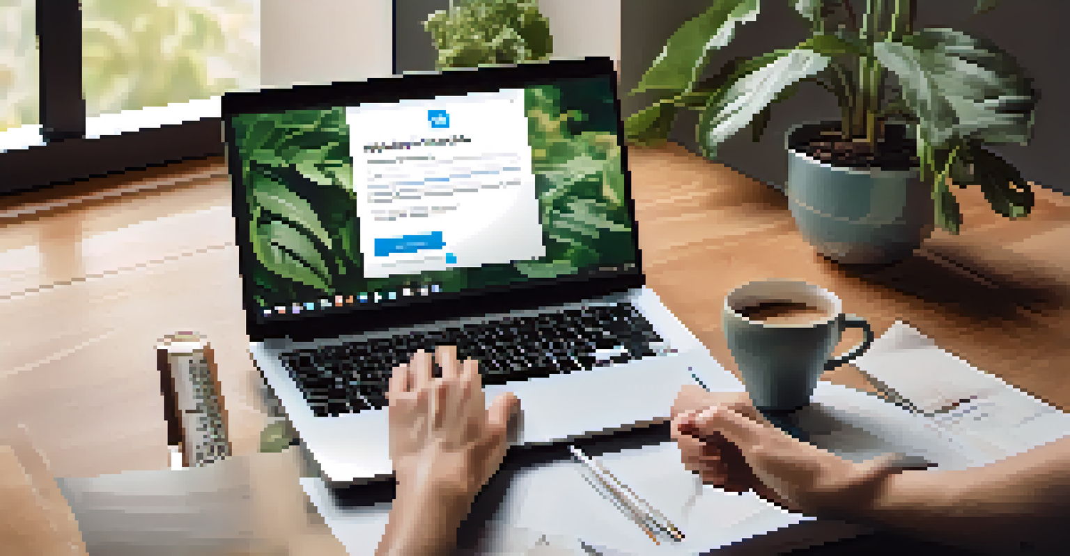 Close-up of hands typing on a laptop displaying a LinkedIn profile, with a coffee cup and a cozy workspace in the background.
