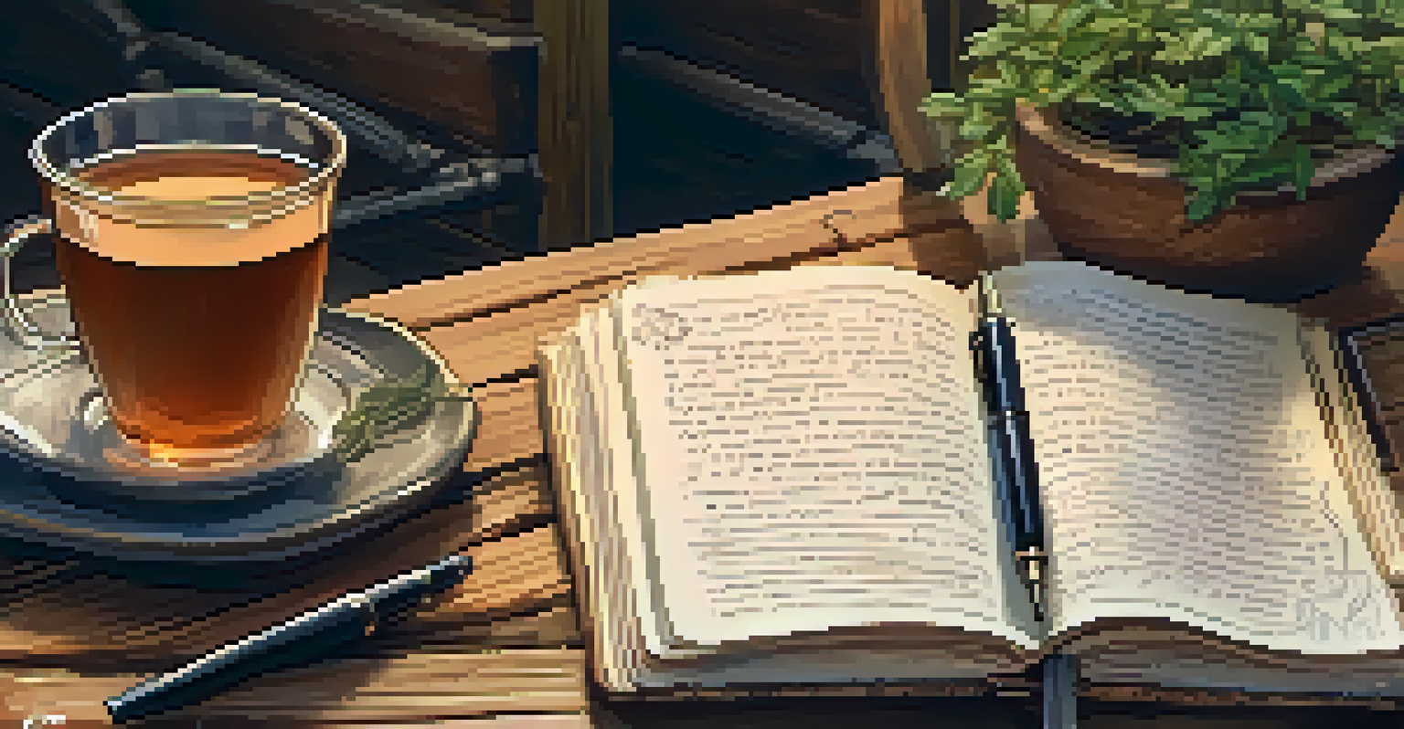 An open journal with handwritten notes, a fountain pen, a cup of tea, and a plant on a wooden table, creating a cozy atmosphere.