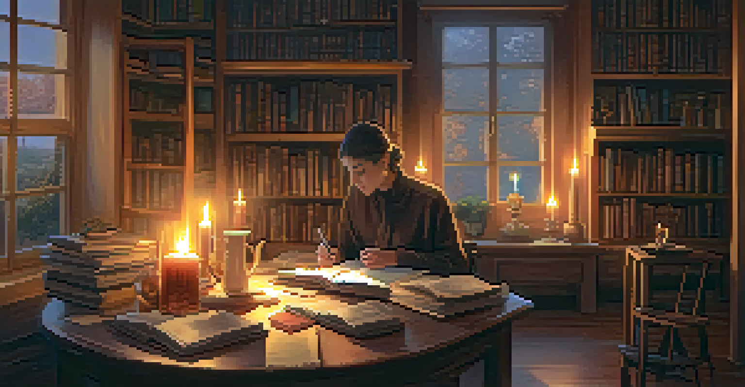 A candle-lit room with a person sketching ideas on a notepad, surrounded by books and art supplies, creating a peaceful creative space.