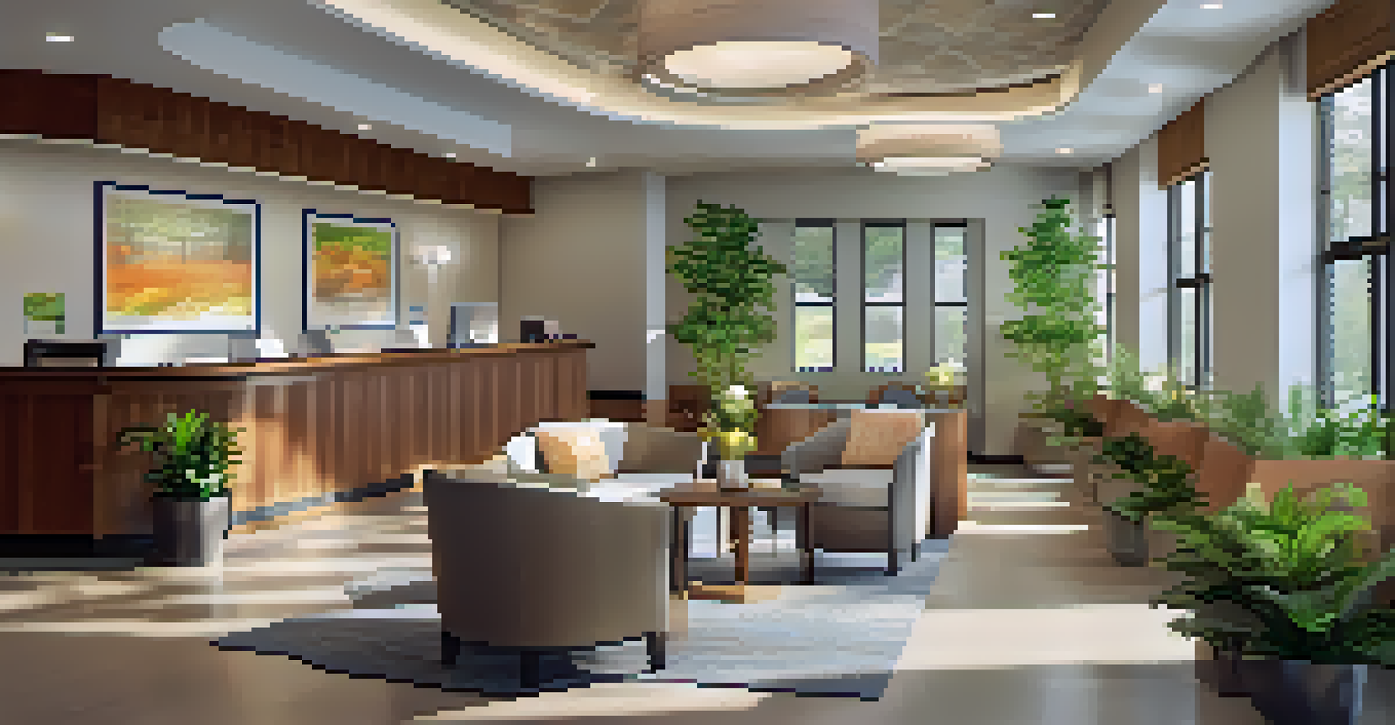 A cozy treatment center reception area with soft seating, plants, and a friendly receptionist welcoming a client.
