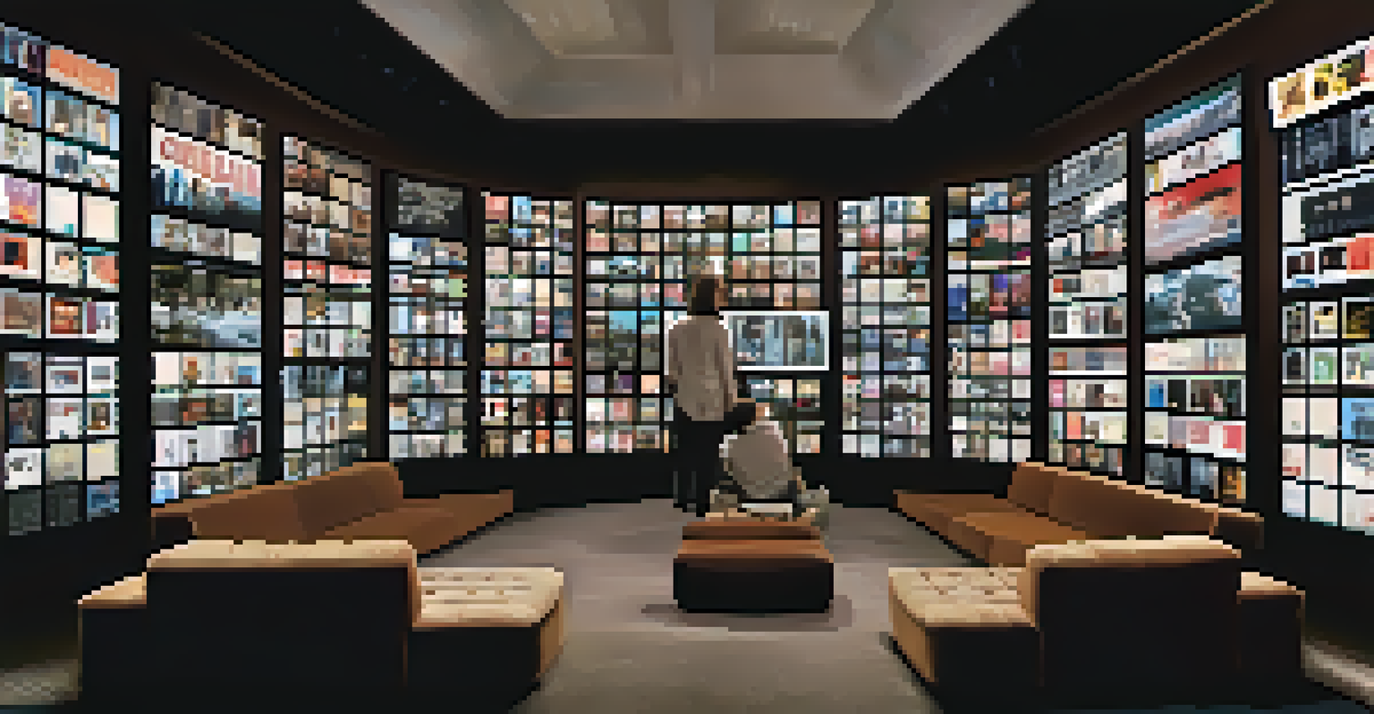 A media room with multiple screens showing contrasting portrayals of substance use in films and documentaries, highlighting different public perceptions.