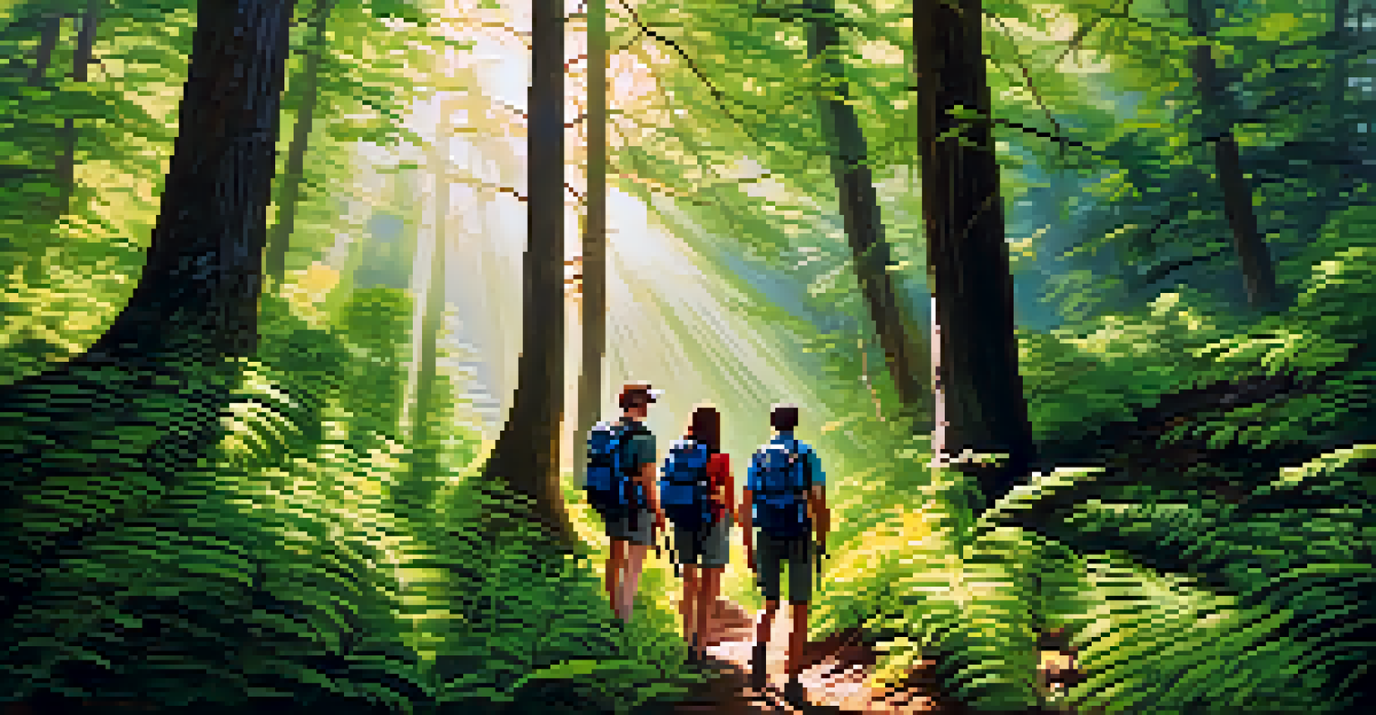 A group of friends hiking through a lush green forest, enjoying their outdoor adventure.
