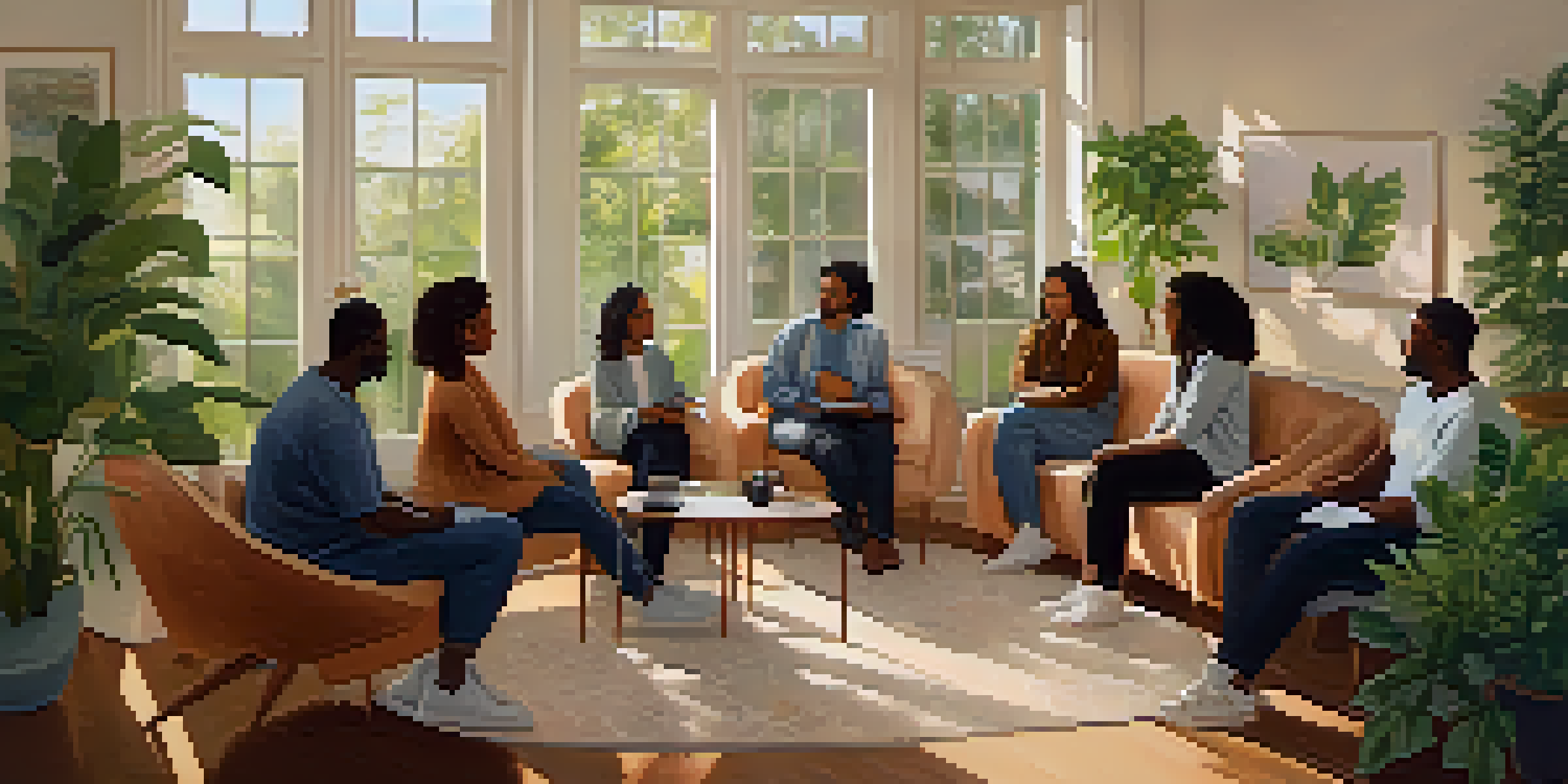 A group therapy session in a cozy room with diverse participants sharing feelings and supporting each other.