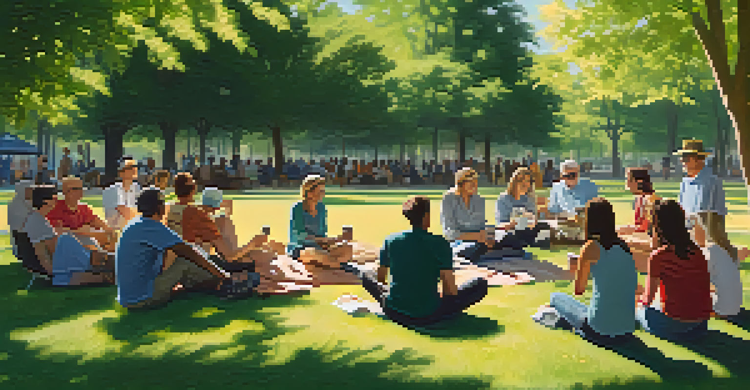 A group of individuals sitting in a circle sharing stories in a park, surrounded by nature.