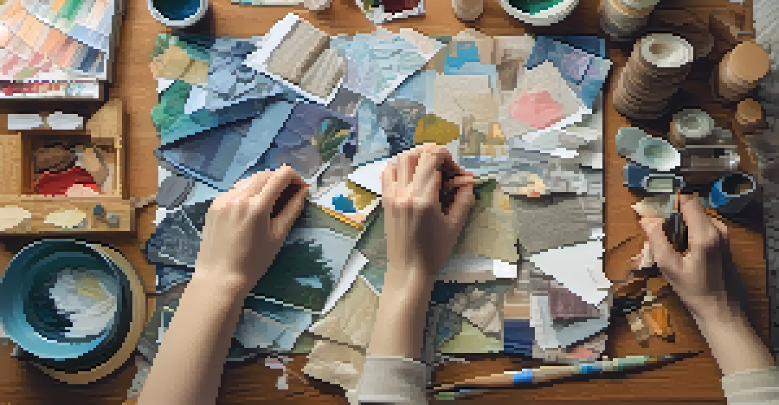 Close-up of hands creating a collage with various textured materials on a wooden table, highlighting the art therapy process.