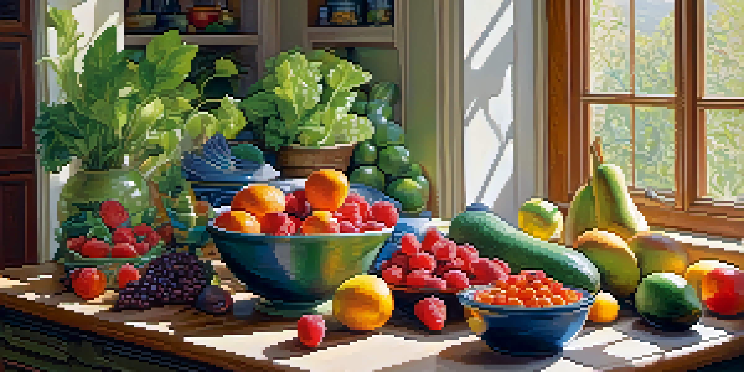 A bright kitchen counter with an assortment of fresh fruits and vegetables in various colors, showcasing healthy eating.