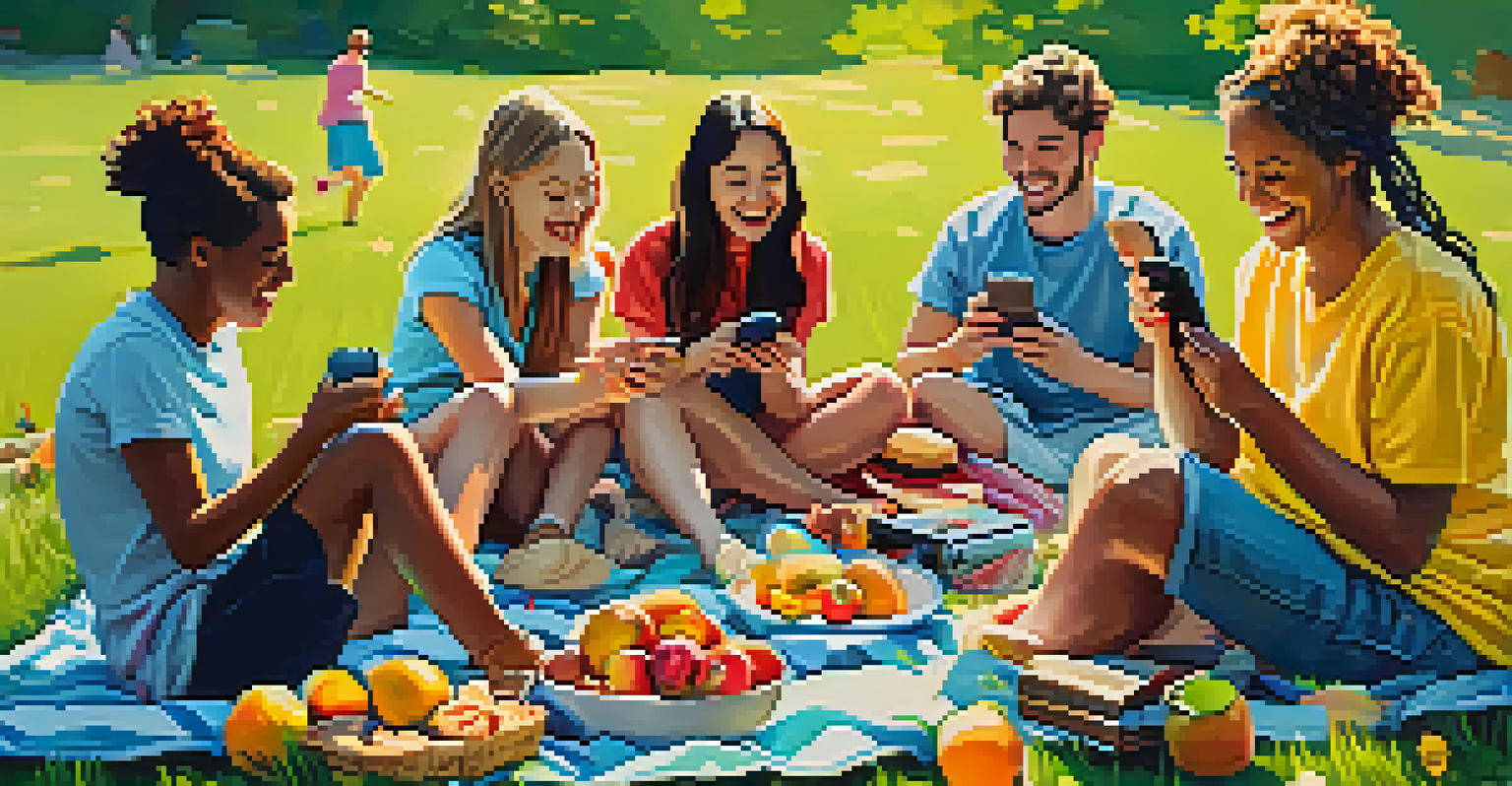A group of friends having a picnic outdoors, enjoying each other's company without using their smartphones.