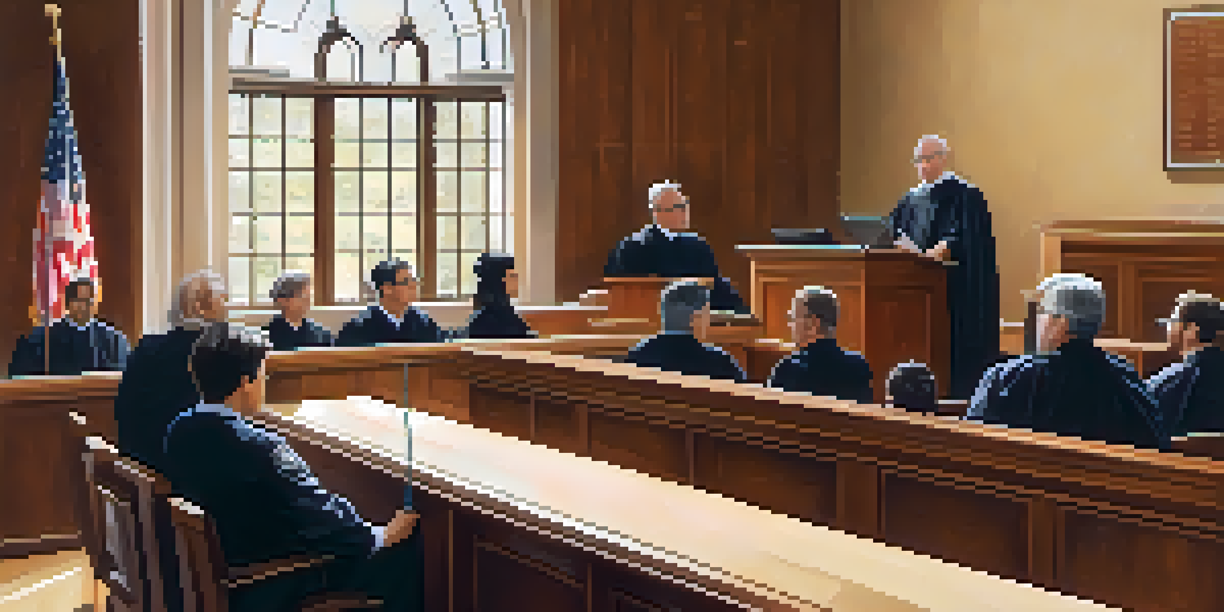 A compassionate judge in a courtroom discussing rehabilitation with diverse individuals, bathed in warm natural light.