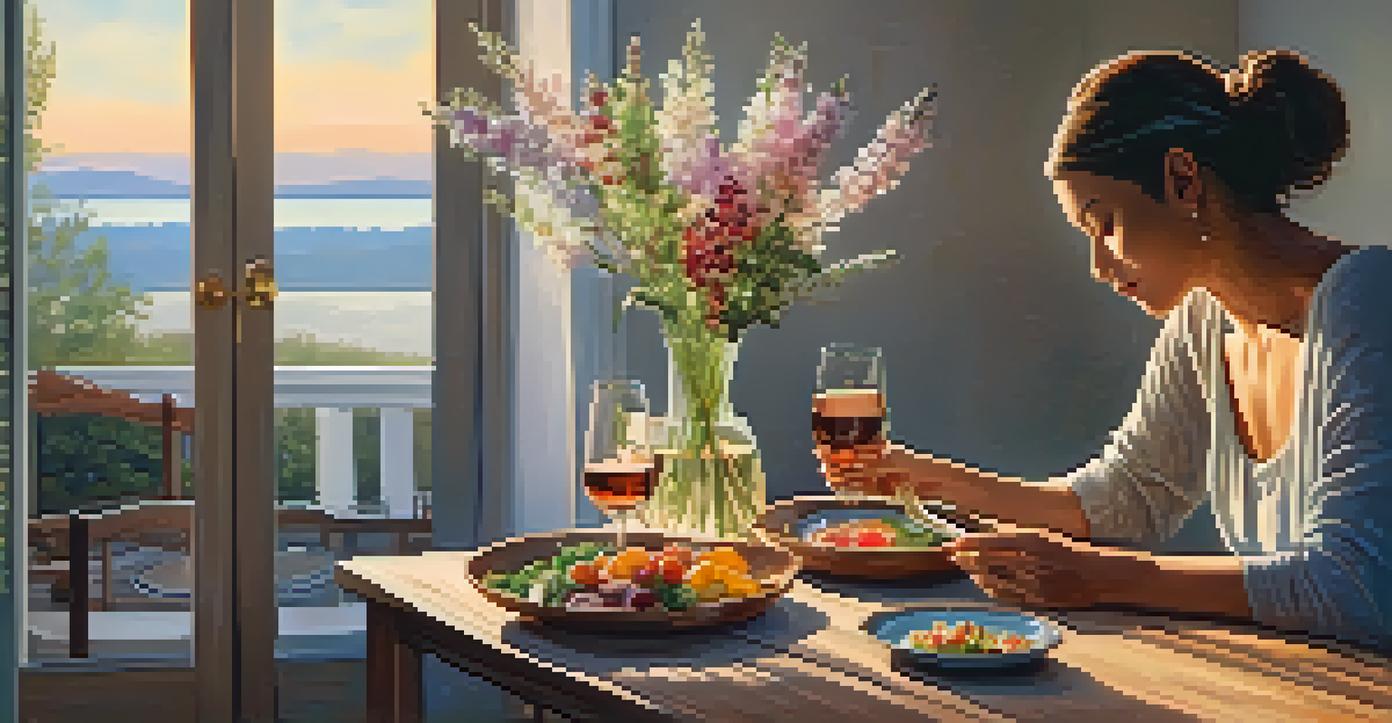 A person enjoying a colorful, mindful meal at a wooden table with flowers and a candle, illuminated by gentle sunlight.