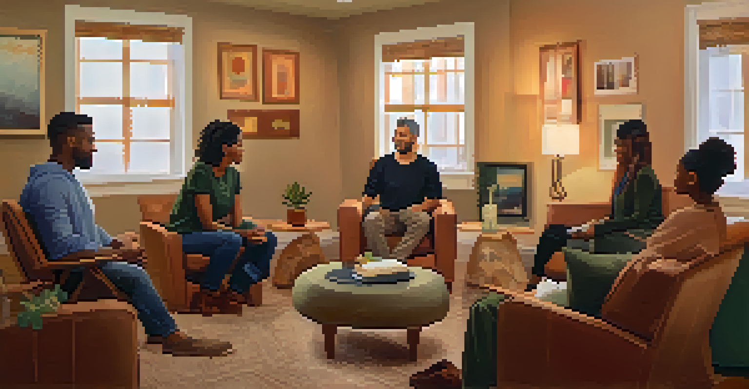 A therapist leading a small group therapy session in a cozy room with soft lighting and motivational quotes on the walls.