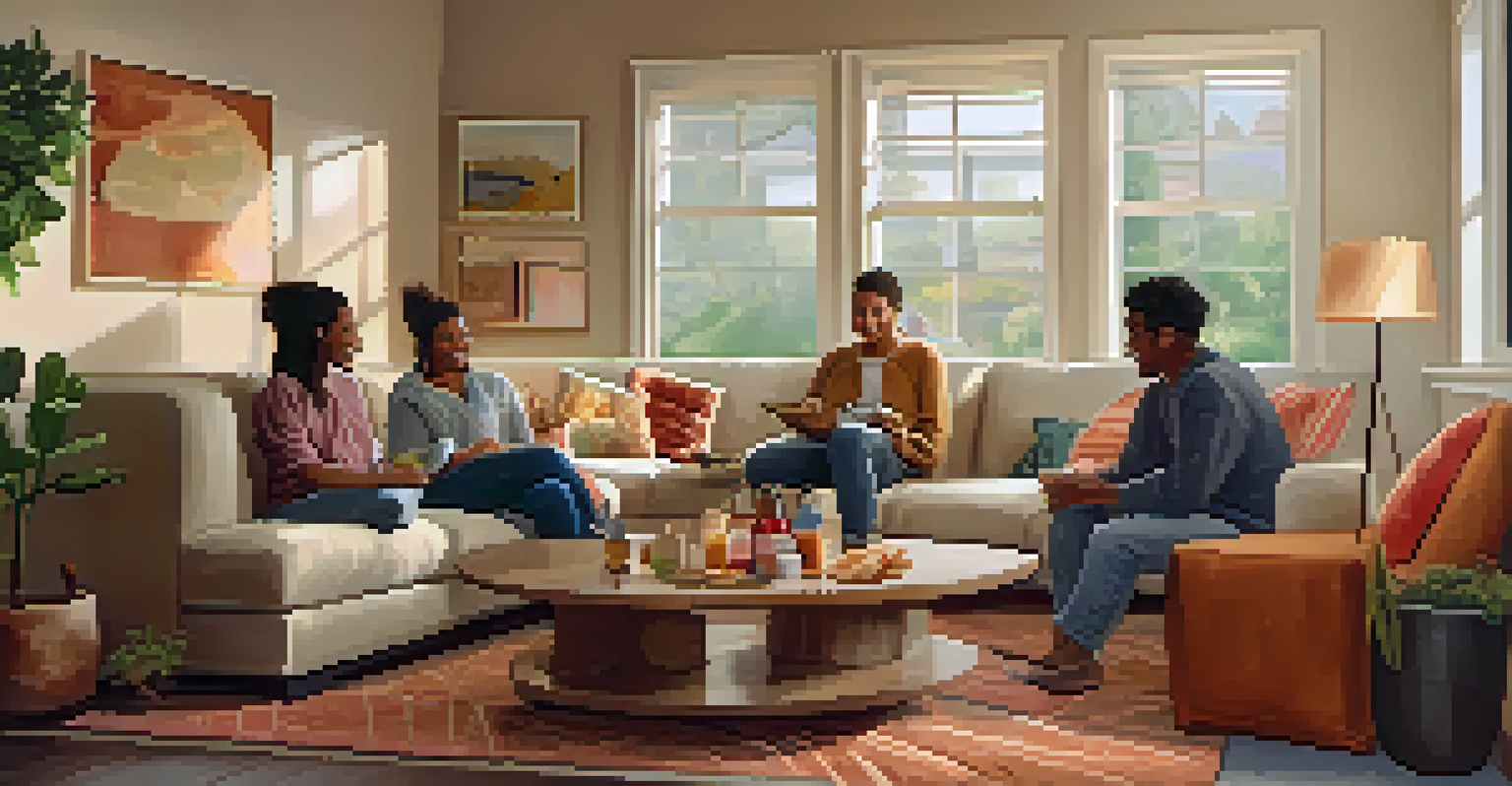 A group of friends sitting together in a cozy living room, sharing an intimate conversation with healthy snacks on a table.