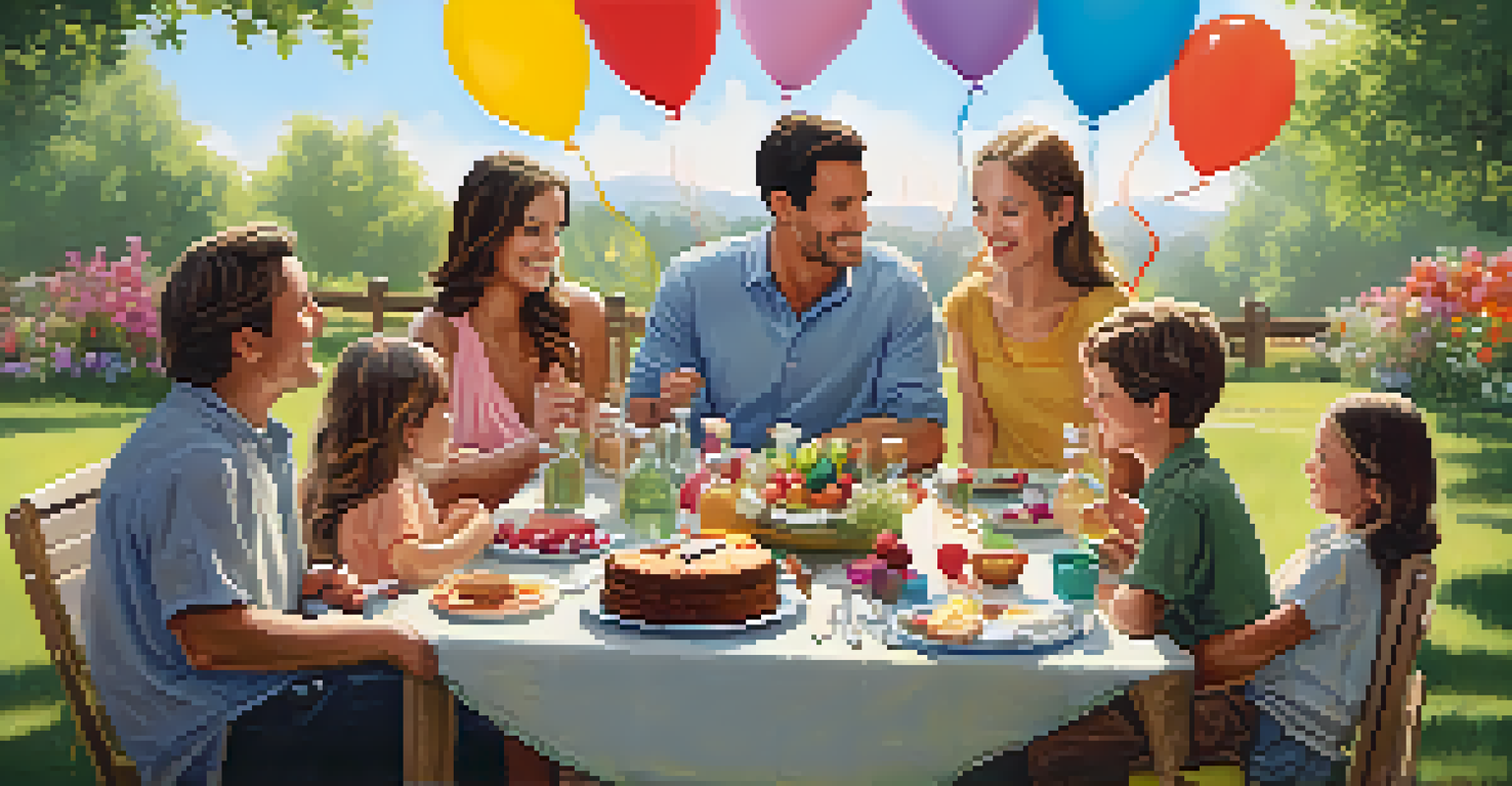 A family celebrating together outdoors with a picnic table, cake, and balloons in a vibrant garden.