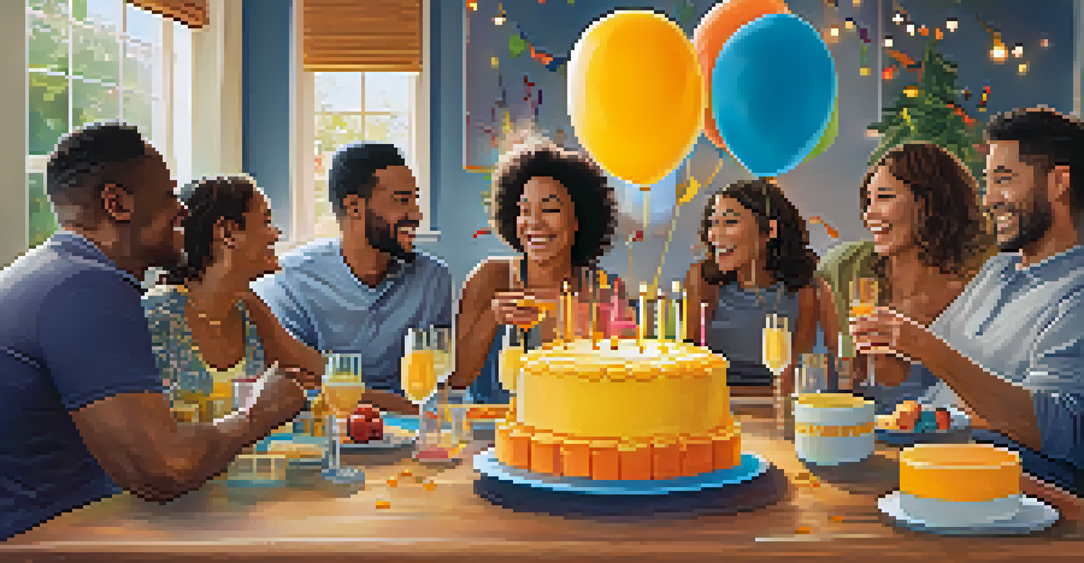 A cheerful gathering celebrating recovery milestones with a cake and balloons, highlighting a sense of community and joy.