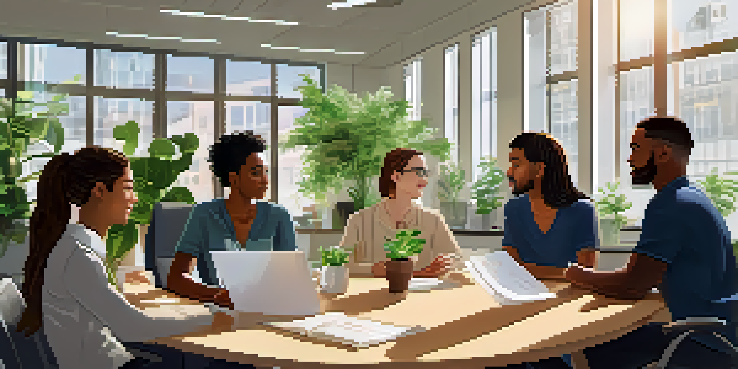 A bright and welcoming office space with employees of various backgrounds engaging in a supportive conversation around a table, with plants and motivational posters visible.